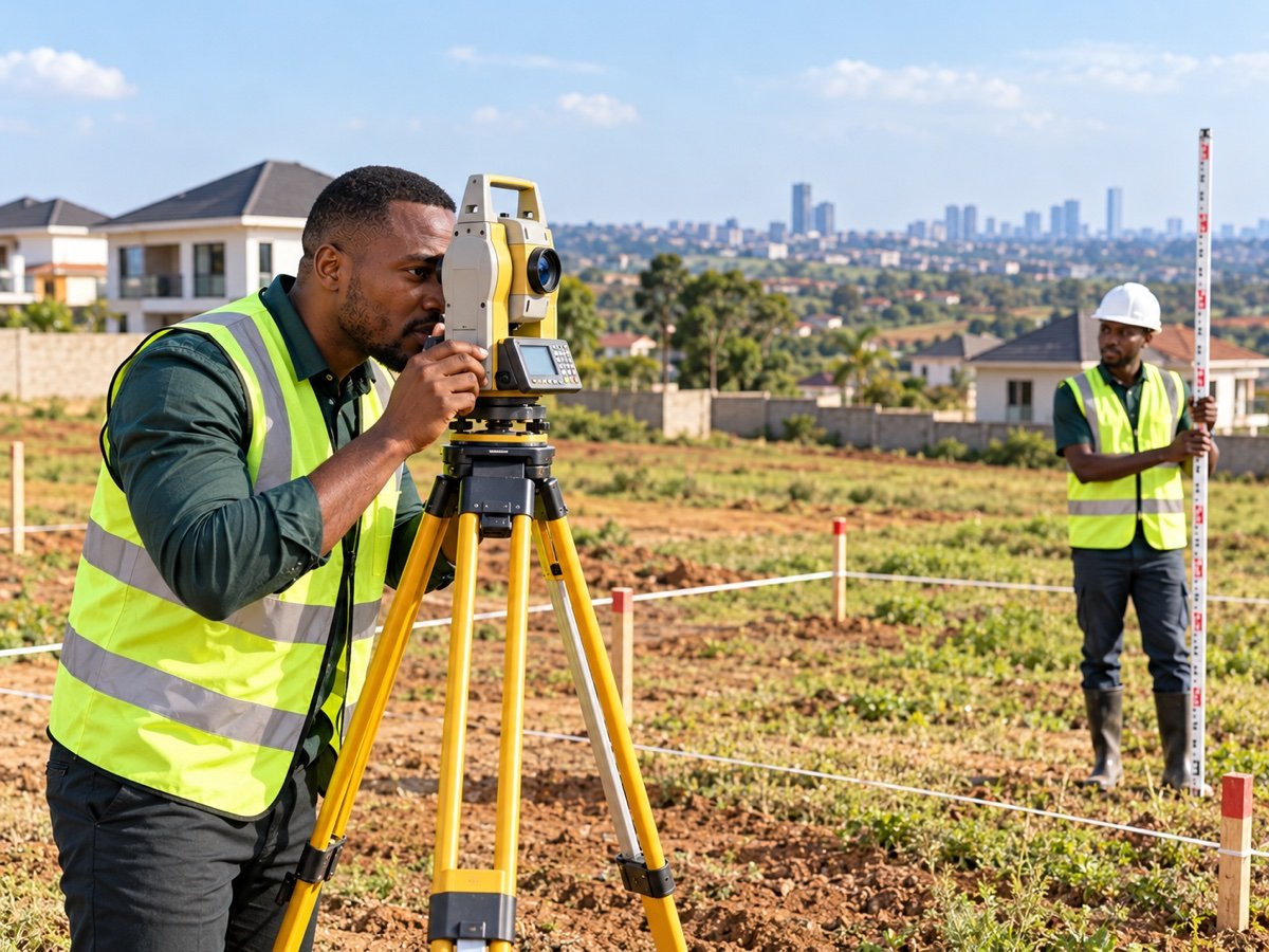 Land surveyors measuring property boundaries in Kenya.