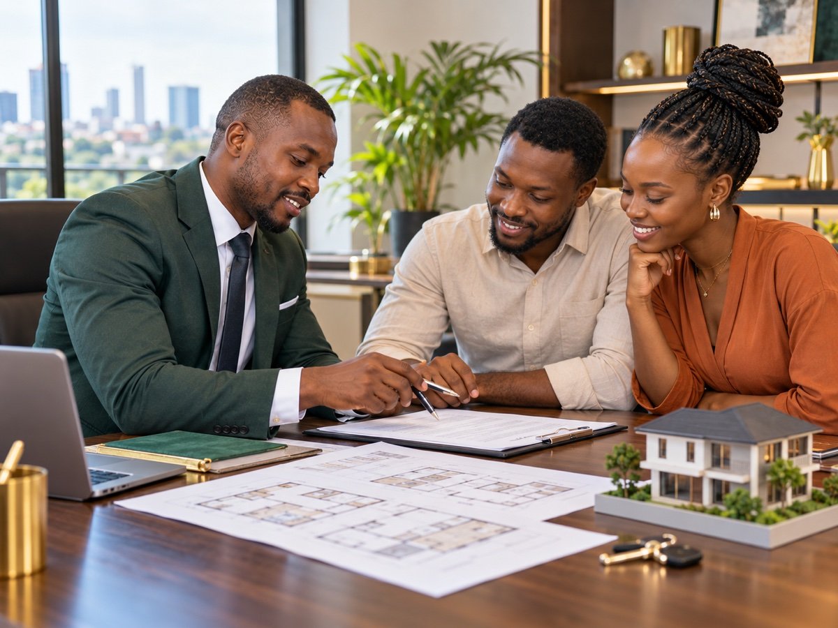 Clients reviewing property transfer documents with a consultant.