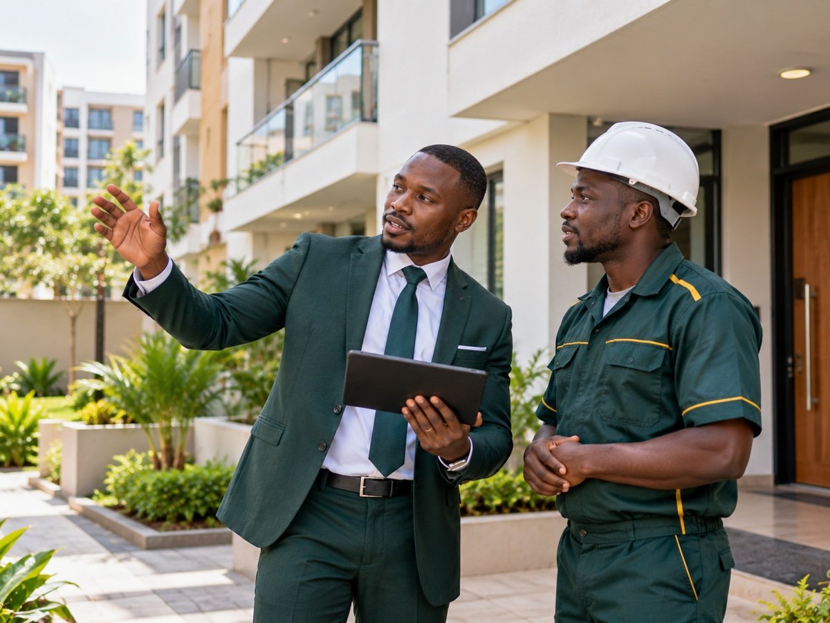 Property manager coordinating maintenance at a residential property.